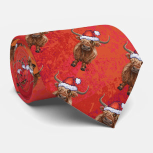 Highland cow in Santa Hat Pattern on Red Tie