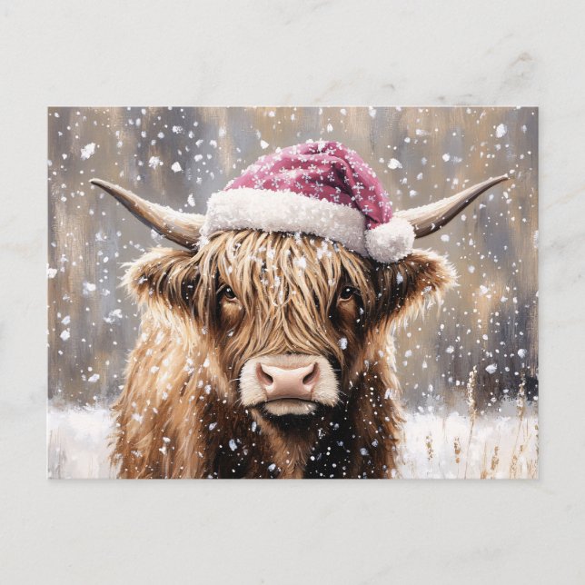 Highland Cow in Snow with Santa Hat Postcard (Front)