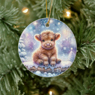 Highland Cow in Snowlight Ceramic Ornament