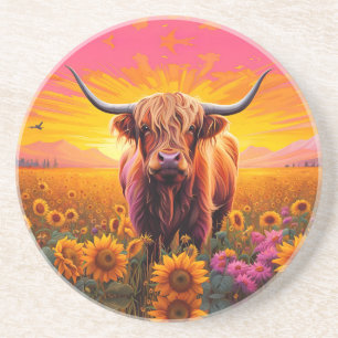 Highland Cow in Sunflowers at Sunrise Coaster