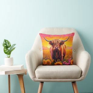 Highland Cow in Sunflowers at Sunrise Cushion