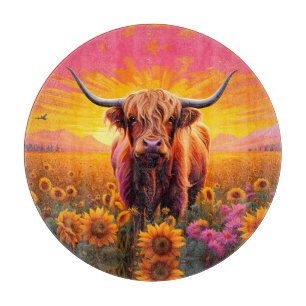 Highland Cow in Sunflowers at Sunrise Cutting Board