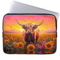 Highland Cow in Sunflowers at Sunrise