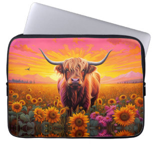 Highland Cow in Sunflowers at Sunrise Laptop Sleeve
