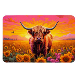 Highland Cow in Sunflowers at Sunrise Magnet
