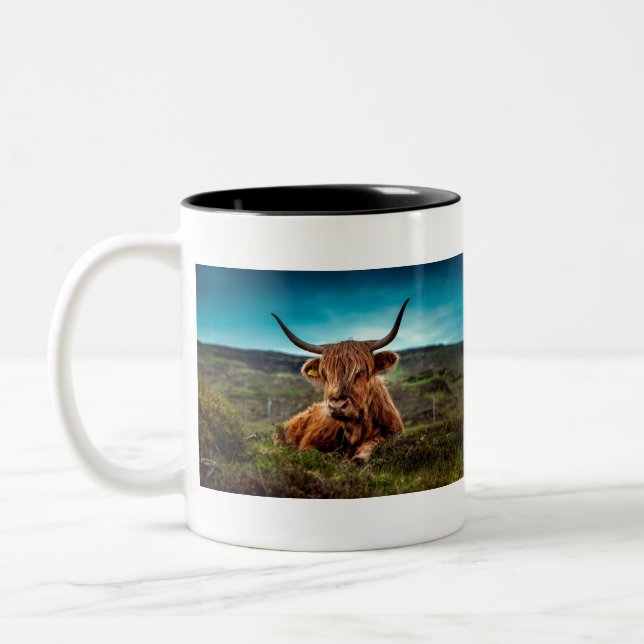 Highland Cow in the Field Two-Tone Coffee Mug (Left)