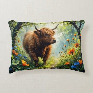 Highland Cow in the wood with wildflowers Decorative Cushion
