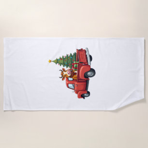 Highland Cow in Truck Farm Farmer Christmas Cow Ca Beach Towel