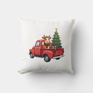 Highland Cow in Truck Farm Farmer Christmas Cow Ca Cushion