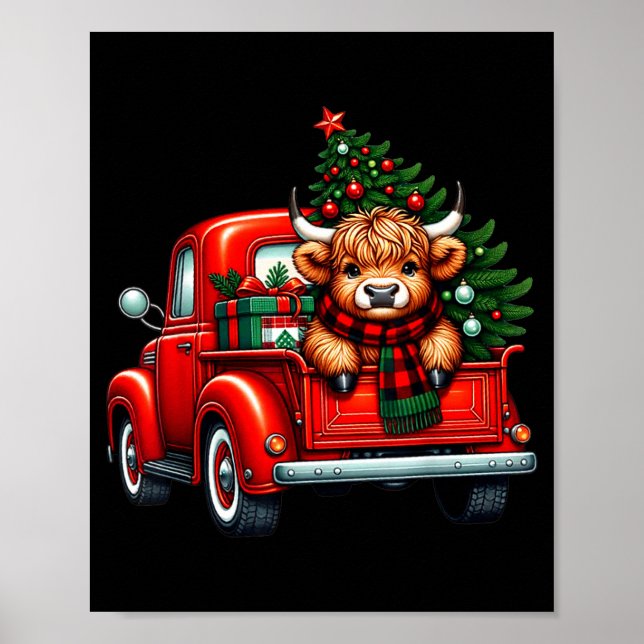 Highland Cow In Truck Farm Farmer Christmas Cow Ca Poster (Front)