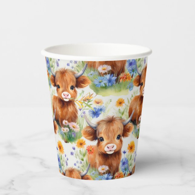 Highland Cow in Wild Flowers Paper Cups (Front)