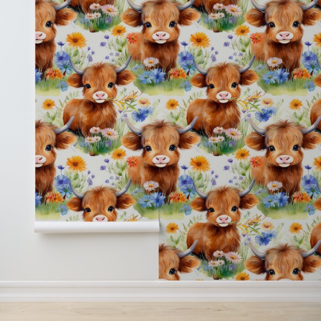 Highland Cow in Wild Flowers Wallpaper (Application)