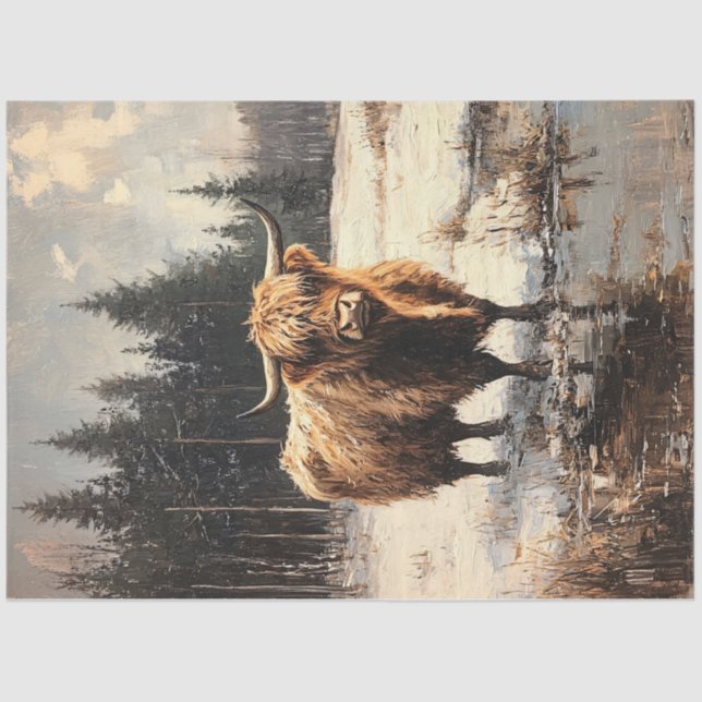 Highland Cow in Winter Landscape Decoupage Tissue Paper (Front)