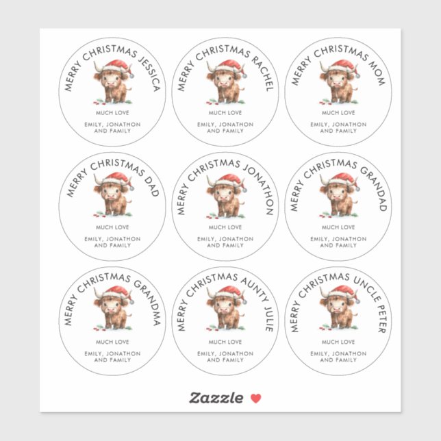 Highland Cow Individual Names Merry Christmas (Sheet)