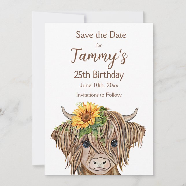 Highland Cow Invitation, Cow Birthday Party Save The Date (Front)