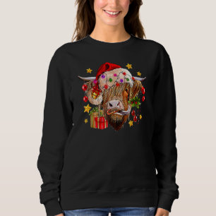 Highland Cow Joy Santa Hat Christmas Lights Wester Sweatshirt