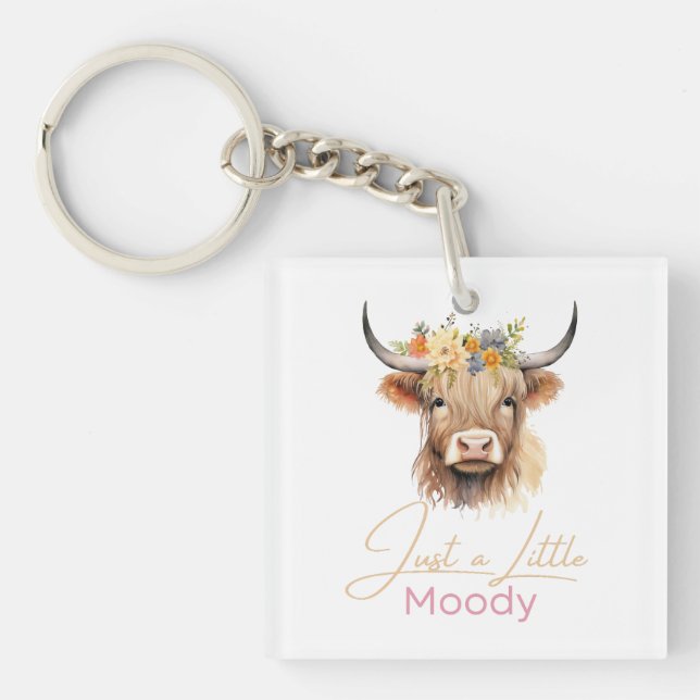 Highland Cow Just A Little Moody Flower Cow Farm Key Ring (Front)