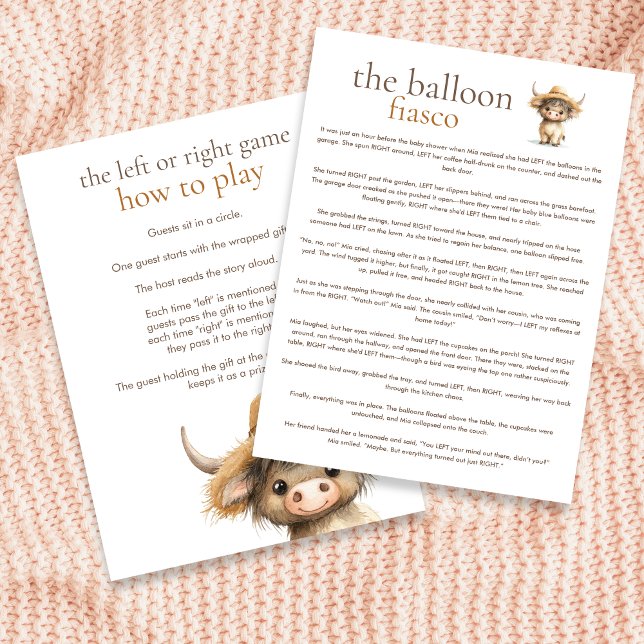 Highland Cow Left Or Right Baby Shower Game card (Front and back view)