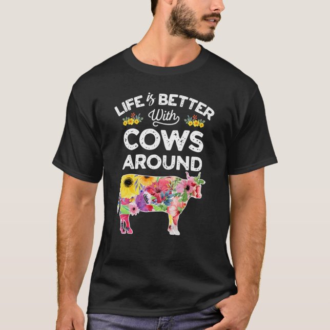 Highland Cow Life Better With Cows Floral Farm Ani T-Shirt (Front)