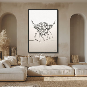 Highland Cow Line Art Neutral Farmhouse Design Canvas Print