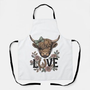 Highland Cow Love Vintage Floral Horseshoe Art Apron