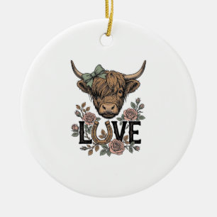 Highland Cow Love Vintage Floral Horseshoe Art Ceramic Ornament