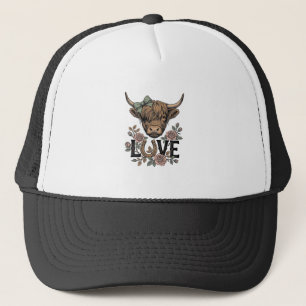 Highland Cow Love Vintage Floral Horseshoe Art Trucker Hat