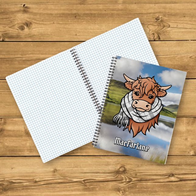 Highland Cow MacFarlane Black-White Tartan Scarf Notebook (Creator Uploaded)