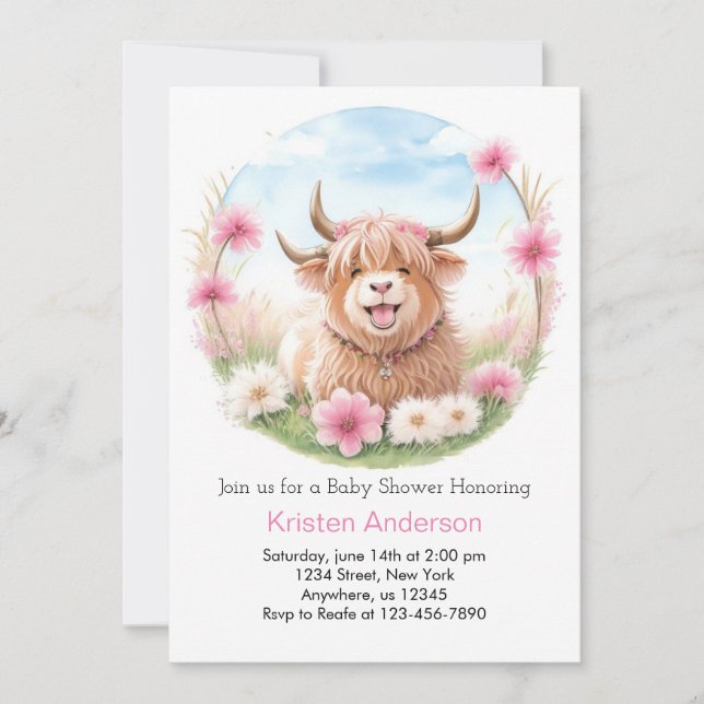 Highland Cow Meadow Whimsy Pink Girl Baby Shower Invitation (Front)