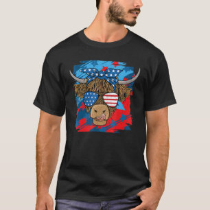 Highland Cow Merica 4th July Heifer Us Flag Wester T-Shirt