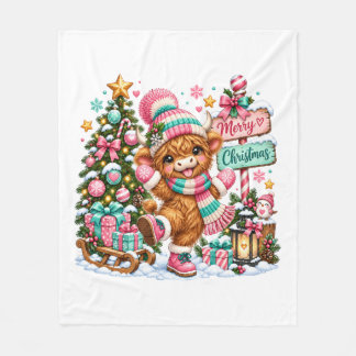 Highland Cow Merry Christmas Fleece Blanket