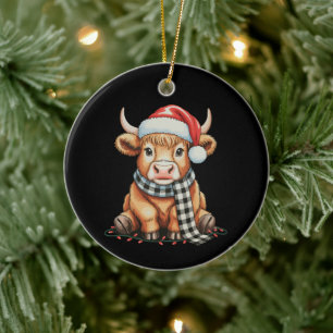 Highland Cow Merry Christmas Lights Santa Hat Xmas Ceramic Ornament