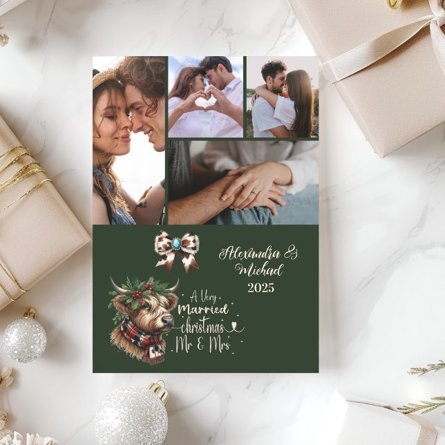 Highland Cow Merry Christmas Mrs and Mr 5 Photo  Holiday Card (Creator Uploaded)