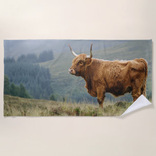 Highland Cow Misty Morning Beach Towel