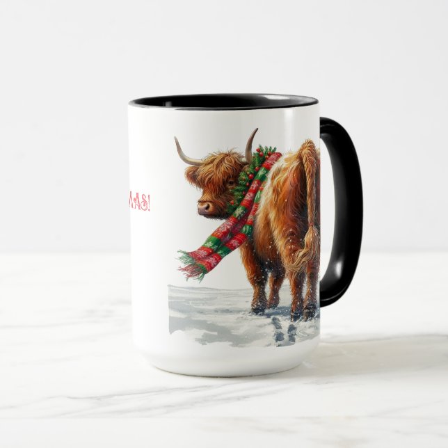 Highland Cow  “Moo-ry Christmas” Coffee Mug Cup (Front Right)