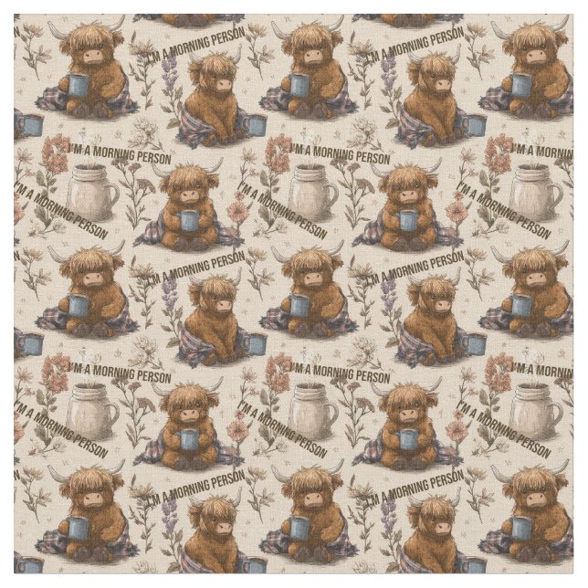 Highland Cow Morning Coffee Cosy Farmhouse Pattern Fabric (Close Up)