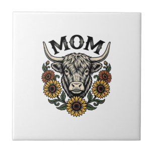 Highland Cow Mum Vintage Sunflower Western Design Ceramic Tile