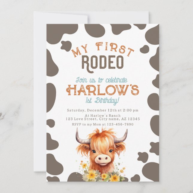 Highland Cow My First Rodeo 1st Birthday Invitation (Front)
