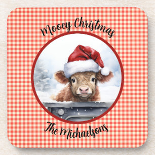 Highland Cow n Santa Hat Gingham Mooey Christmas Coaster