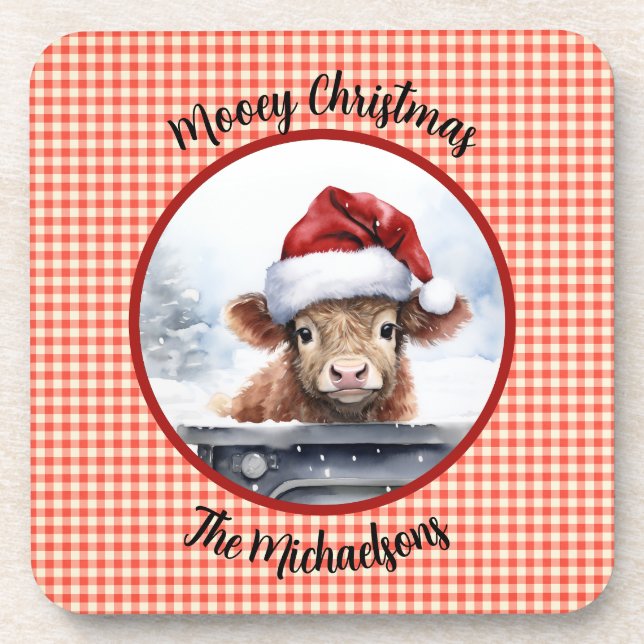 Highland Cow n Santa Hat Gingham Mooey Christmas Coaster (Front)