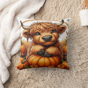 Highland Cow Nestled Among Autumn Harvest Pumpkins Cushion