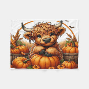 Highland Cow Nestled Among Autumn Harvest Pumpkins Fleece Blanket
