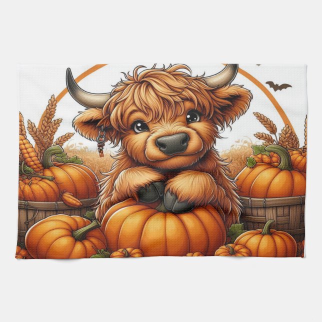 Highland Cow Nestled Among Autumn Harvest Pumpkins Tea Towel (Horizontal)