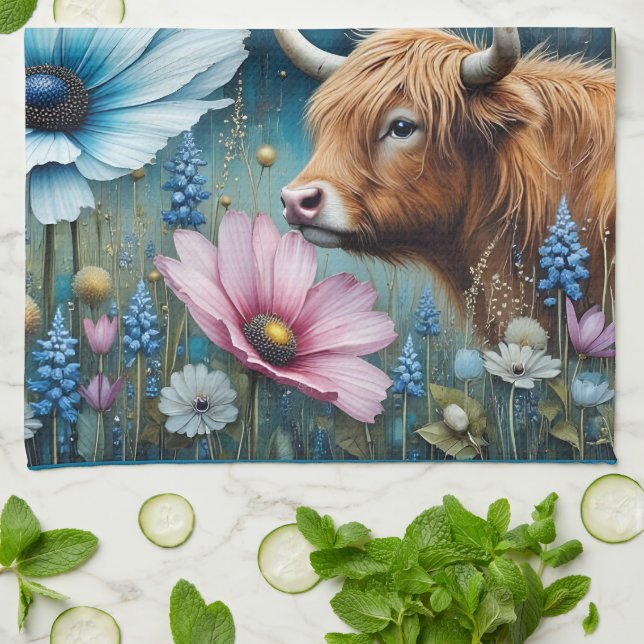 Highland Cow Obsession -Colourful Cosmos  Tea Towel (Folded)