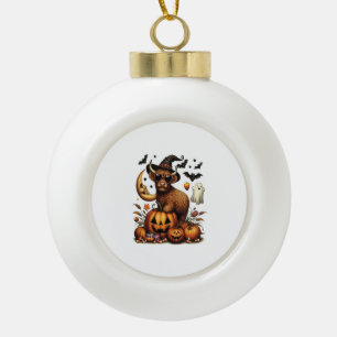 Highland Cow on Pumpkin Halloween Ceramic Ball Christmas Ornament