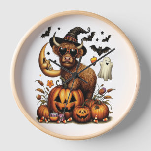 Highland Cow on Pumpkin Halloween Clock