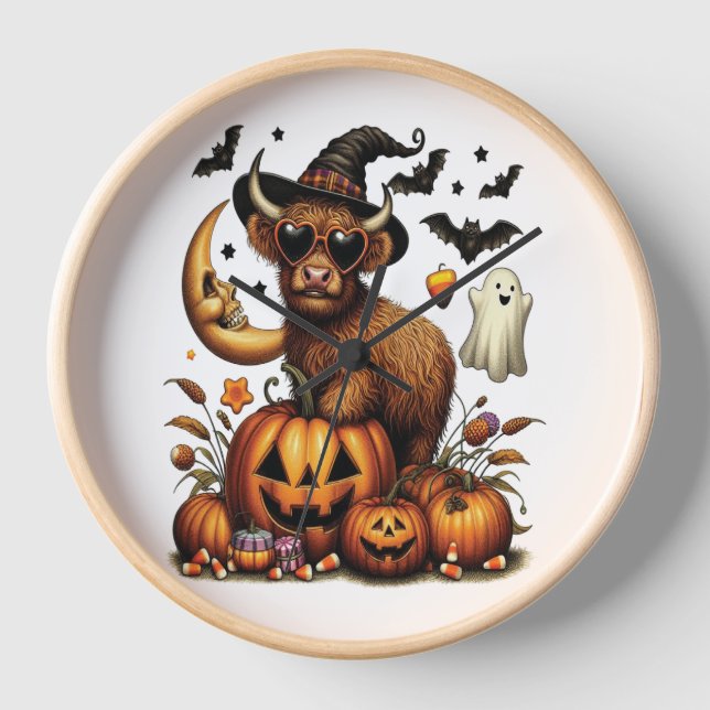 Highland Cow on Pumpkin Halloween Clock (Front)