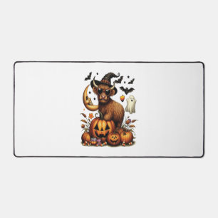 Highland Cow on Pumpkin Halloween Desk Mat
