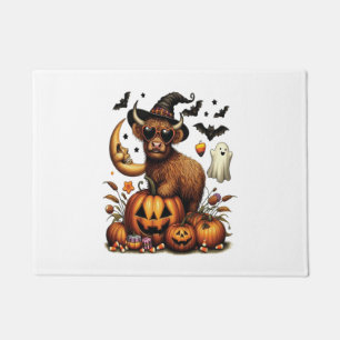 Highland Cow on Pumpkin Halloween Doormat