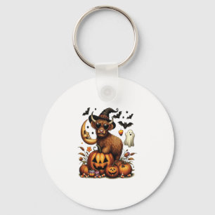 Highland Cow on Pumpkin Halloween Key Ring